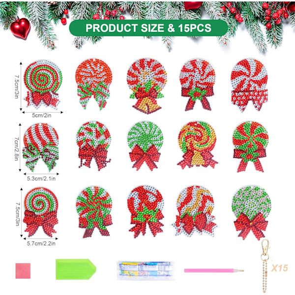 (Dubbelsidig) 15 st juldiamantmålning nyckelringar, DIY Chris