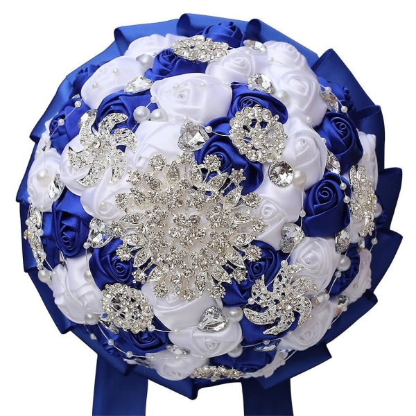 Handmade Brooch Bridal Bouquet Bridal Satin Roses Flowers Rhinestone Beads Bouquets Wedding Bouquet Artificial Bouquet Rose Bouquet Decoration Blue