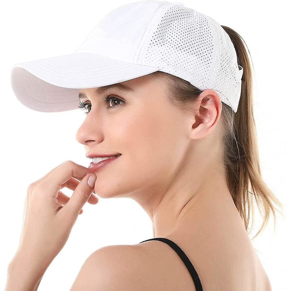 Womens Criss Cross Ponytail Baseball Cap Justerbar Høj Messy Bun Ponycap Hurtigtørrende Hat（Hvid）