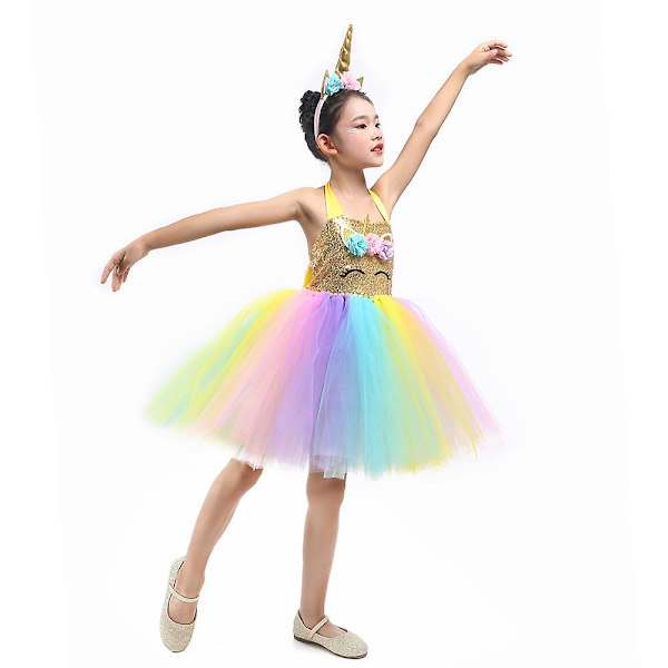 Guld Sequin Enhjørning Cosplay Pige Tutu Kjole Fødselsdag Halloween（M(3-4Y)）