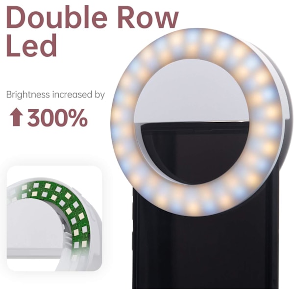 1 stk. Selfie Ring Light, [3 lystilstande] [Genopladelig] med dobbelt række LED-lys, 4-trins klips på mini små cirkellys kompatibel med iPhone 11 12 Pro X Xr Xs Max 7 8 iPad bærbare computere