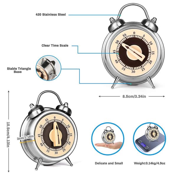 Kök Timer Ingen Batteri Mekanisk Timer 60-minuters Visuell Analog Timer Klockdesign Rostfritt Stål Nedräkningstimer