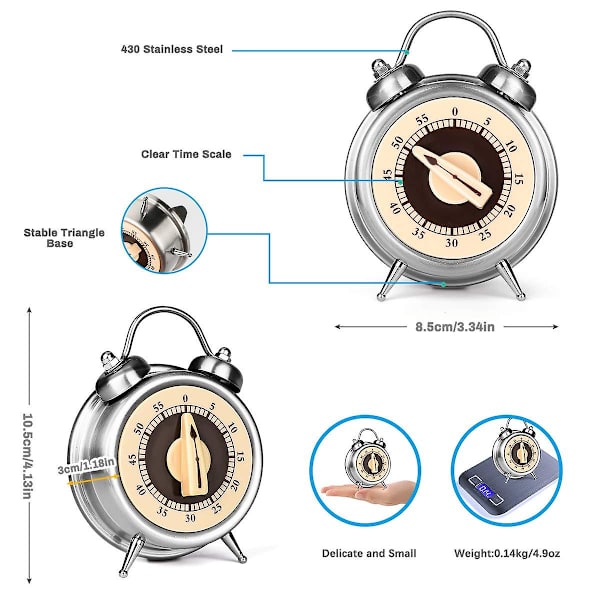 Køkken Timer Ingen Batteri Mekanisk Timer 60-minutters Visuel Analog Timer Ur Design Rustfrit Stål Nedtællingstimer