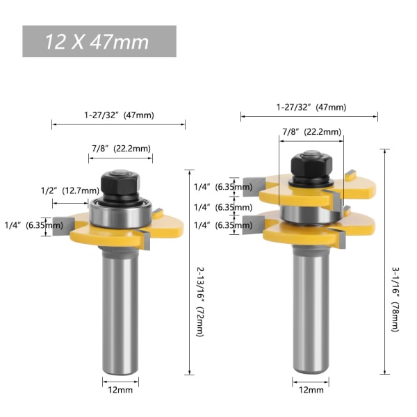 Tongue and Groove Milling Cutter Set 3 Flutes 12mm Shank T Shape