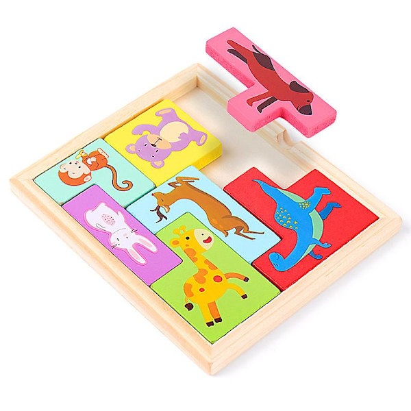 Träblock Pussel Hjärngympa Leksak Tangram Pussel Intelligens Färgglada 3d Ryska Block Spel Djur (7 st)