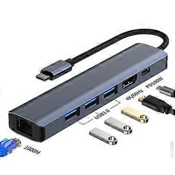 Projektionsfunktion HDMI-kompatibel 4K 100W PD Hub 6-i-1 USB 3.0 Adapter RJ45 USB-C