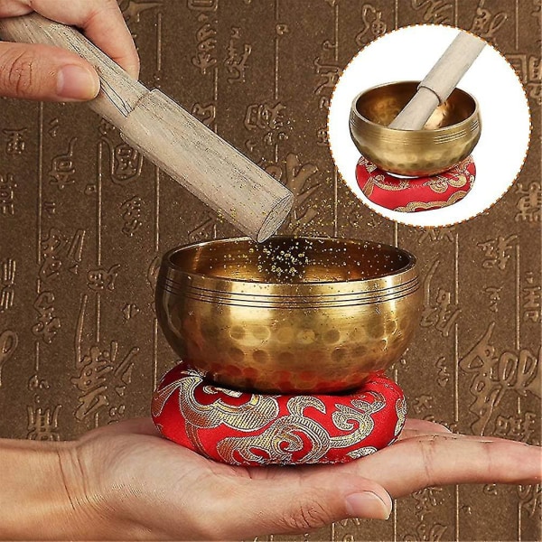 9,5 cm handgjord sångskål Tibetansk musikskål med klubba och kudde