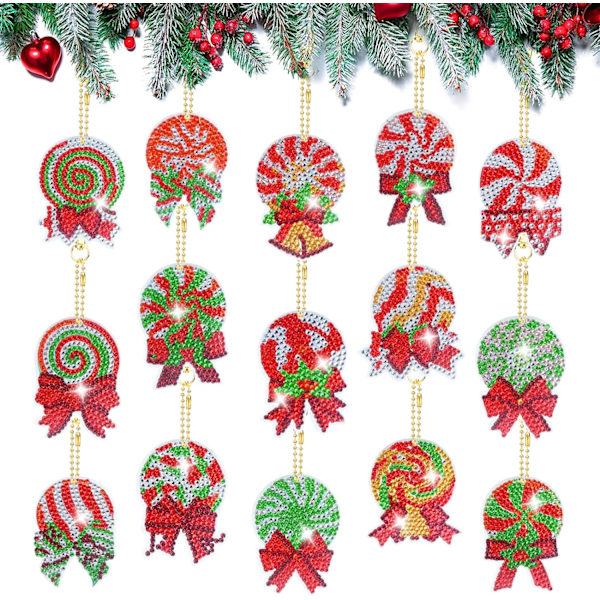 (Dubbelsidig) 15 st juldiamantmålning nyckelringar, DIY Chris