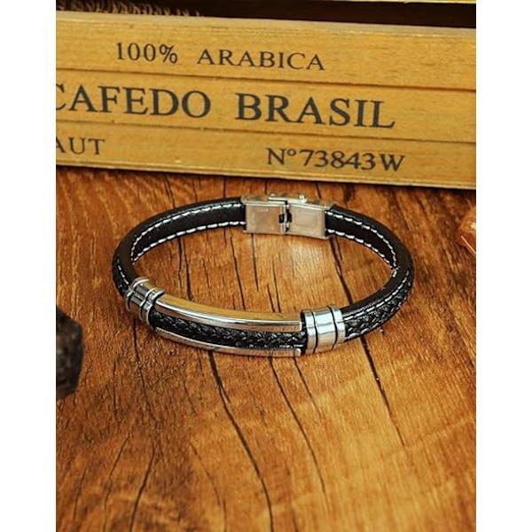 Svart läderarmband för män för tonårspojkar i silver rostfritt stål