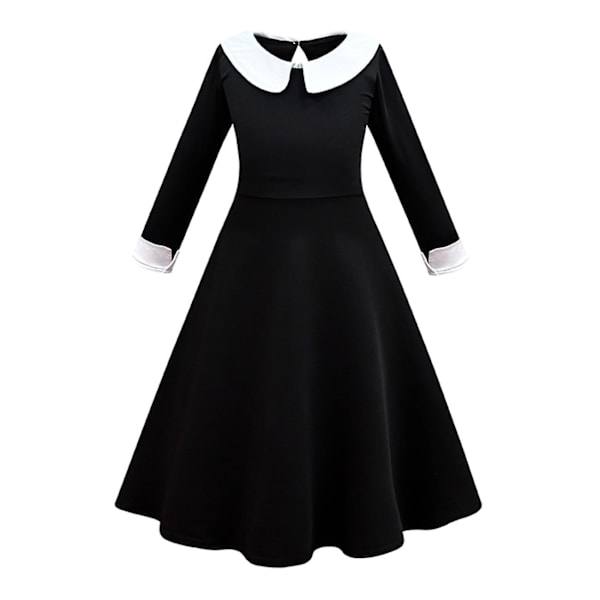Wednesday Addams Cosplay-dansekjole for jenter Halloween-kostyme (150 cm med parykk)