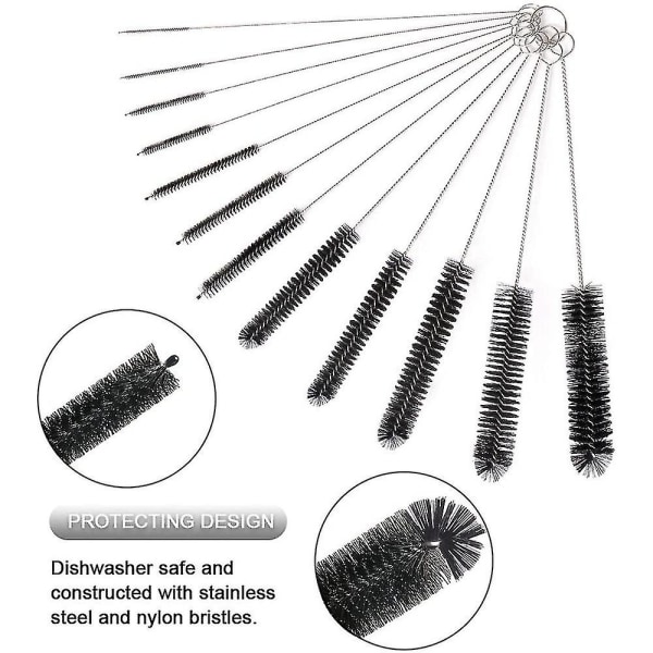 Rengjøringsbørster, 12-delt sett med 24 cm lange børster, flaskerengjøringsbørster (svart)