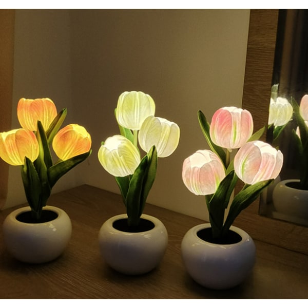 LED Tulipan Innendørs Dekorativ Bordlampe Simulering Tulipan Blomsterpotte Lampe Ambient Nattlys Gave Potteplante (Rosa)