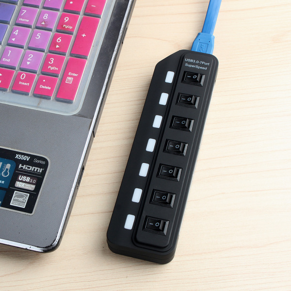 Strömdriven USB 3.0-hubb 7-portars datahubb med individuella switchar USB