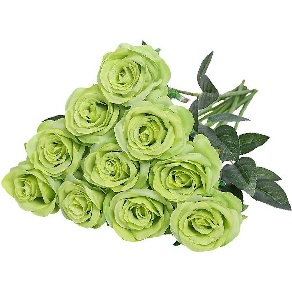 Kunstige silke roser blomster enkelt stilk realistiske falske roser til bryllupsbuket blomst, 10 stk (blå)（grøn）
