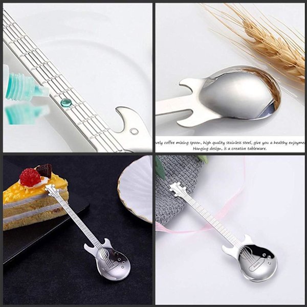 Sæt med 4 rustfrie stål kaffeskeer guitar mønster, rustfrit stål skeer til kaffe, kreativt redskabssæt, dessert te, sukker og kage te, forretter