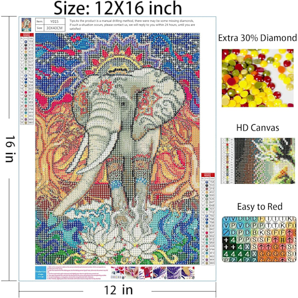 Elefant Diamant Maleri Sæt, Malet Elefant Diamant Maleri Sæt, Elefant Diamant Maleri Sæt til Hjemmevæg og Værelse Dekoration (12X16 Tommer)