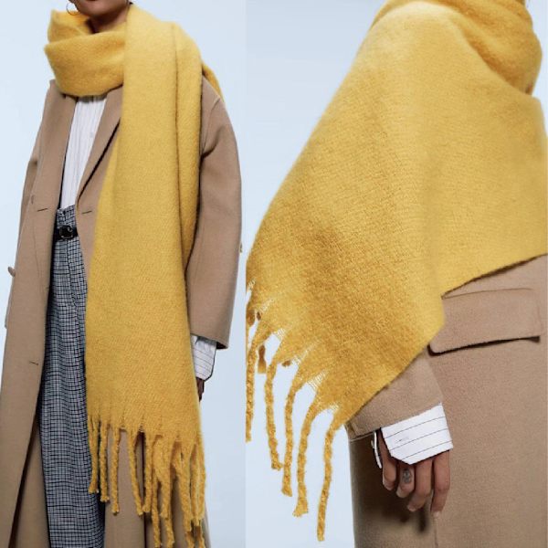 Tykk og varm mohair skjerf dame sjal imitert kasjmir tykk skjegg ensfarget skjerf (gul)