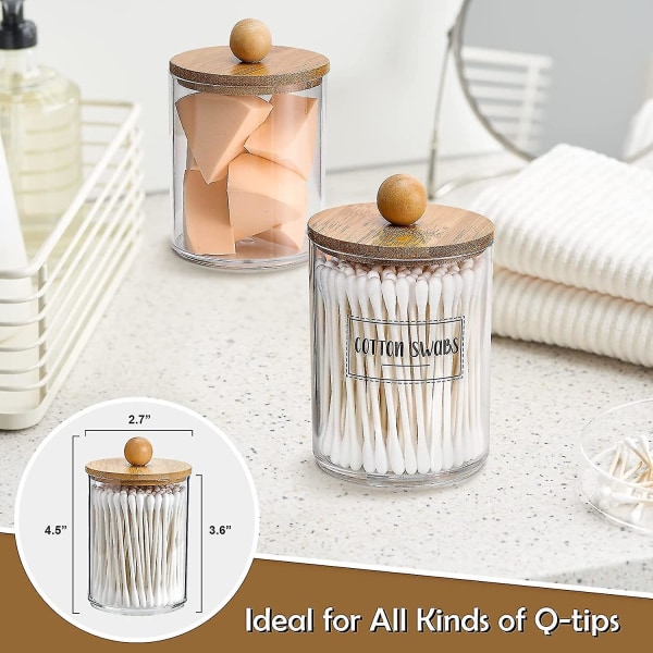 4-pack Q-tips-hållare, 10 oz genomskinliga apoteksburkar i plast för sminkorganisering på toalettbordet