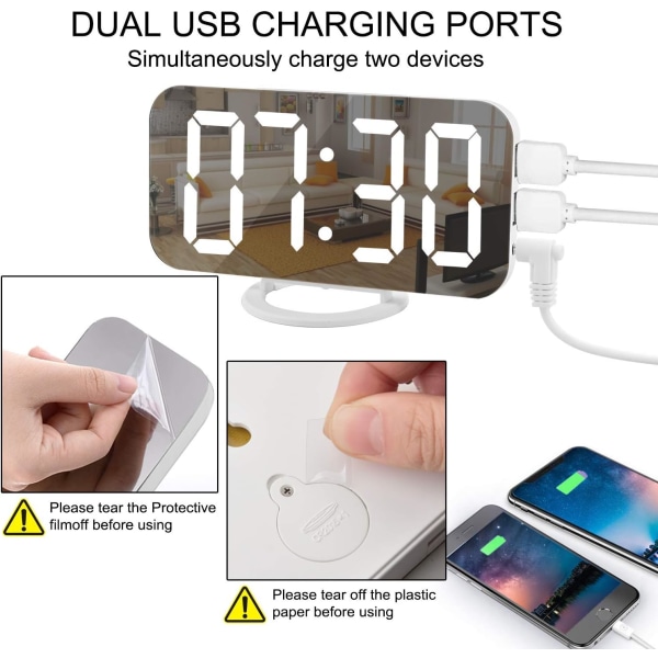 Digital väckarklocka, 6,5\" stor skärm LED spegel väckarklocka med dimningsläge, justerbar ljusstyrka, 2 USB-laddningsportar, vit