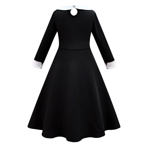 Wednesday Addams Cosplay-dansekjole for jenter til Halloween (130 cm med veske og parykk)