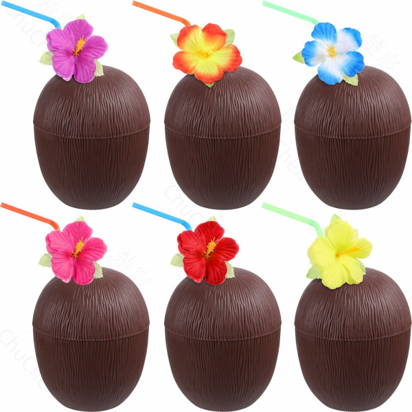 6 st 401-500 ml falska kokosnötskoppar med blomsterstrån för Hawaiian