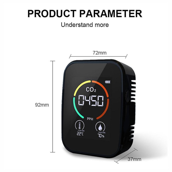 3-i-1 Co2 Meter Digital Temperatur Fugtighed Tester Luftkvalitetsmonitor Kuldioxiddetektor（sort）