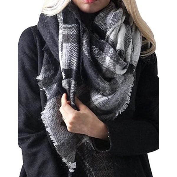 （Nior) Stor Ull Rutig Scarf Dam Cashmere Sjal Scarf Varm Autu