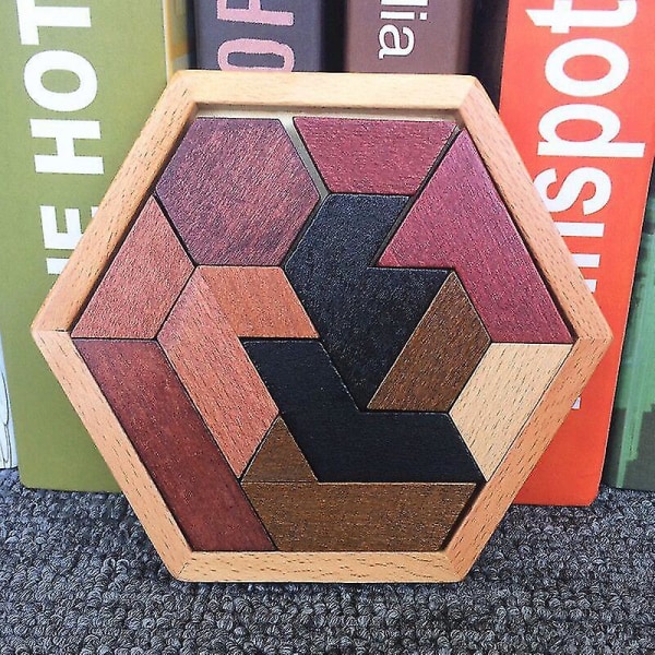 Trähexagon Pussel Form Block Tangram Hjärngympa Leksak Geometri Logik Iq Spel