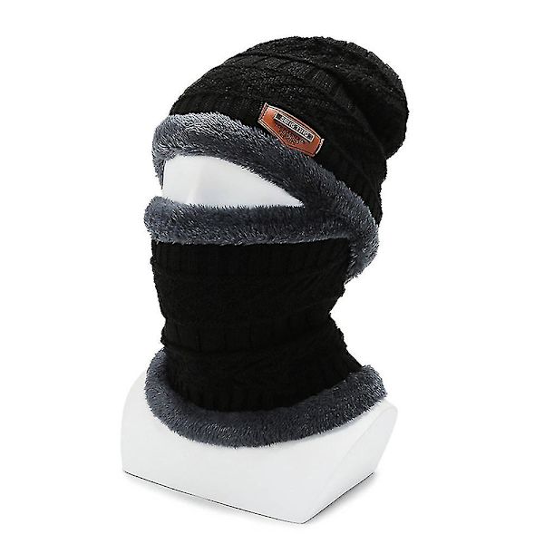 Vinter Beanie Hat Scarf Sæt Varmt Strikket Hat Tyk Fleeceforet Vinterhue (Grå)