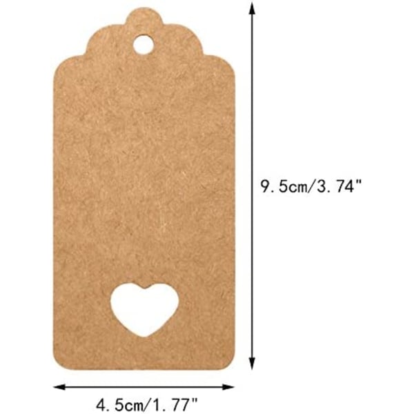 Kraft Papir Etiketter Gavemerkelapper 9.5x4.5cm, 100STK med Jutehyssing, for Bryllup Valentinsdag Bursdag Jul (Brun)