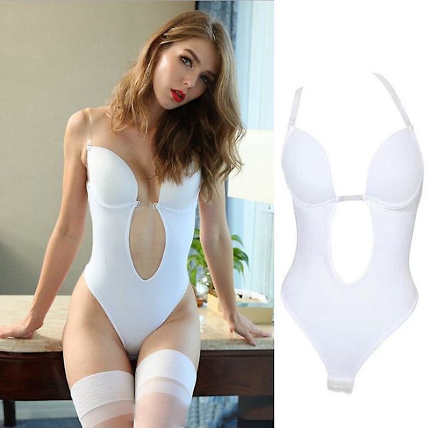 Kvinnors djupt V-ringade body shaper rygglös bh body shapewear U-ringad sömlös string full bodydräkter vit（M）