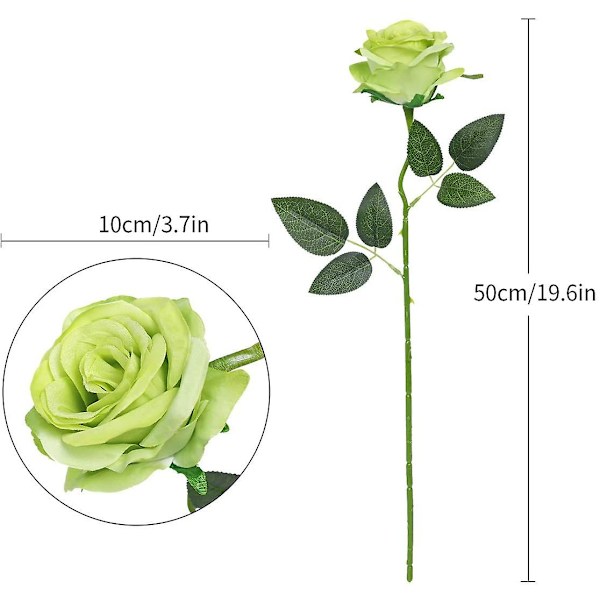 Kunstige silke roser blomster enkelt stilk realistiske falske roser til bryllupsbuket blomst, 10 stk (blå)（grøn）