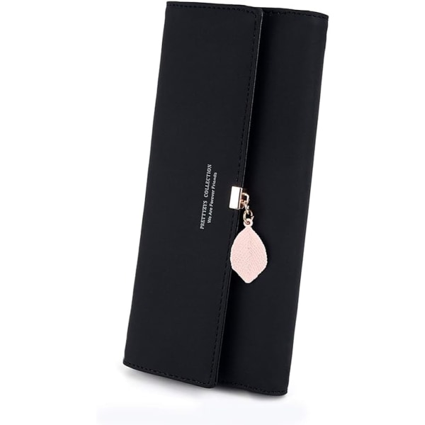 (Sort) Kortholder for lang lommebok for kvinner Glidelåsmyntpung med bladanheng PU-skinn 10 kortspor for Valentinsdag julegave