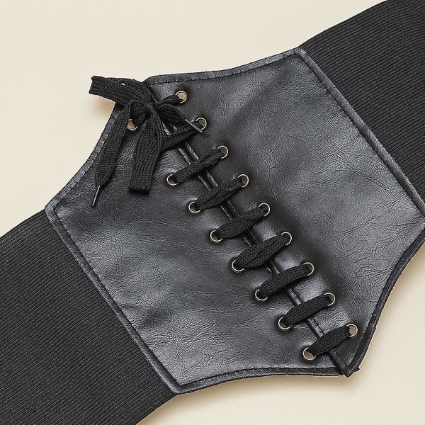 Dame Steampunk Waspie-belte i imitert skinn, korsett med snøring knyttet Waspie Elastisk Cinch-belte（Sort skinn）
