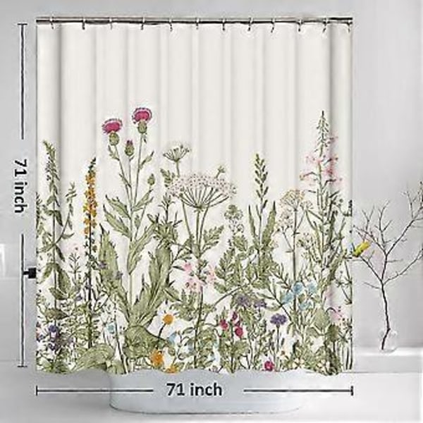 Blomstret bruseforhæng med pink blomster & grøn plante, Vaskbar 3D-print botanisk, Inkluderer 12 kroge, Til badeværelsesindretning 180 x 180 cm (71\" x 71\")