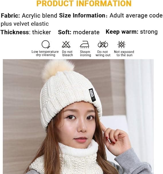 Stickad mössa Beanie, Uppvärmd stickad mössa mössa med fleecefoder halsduk,