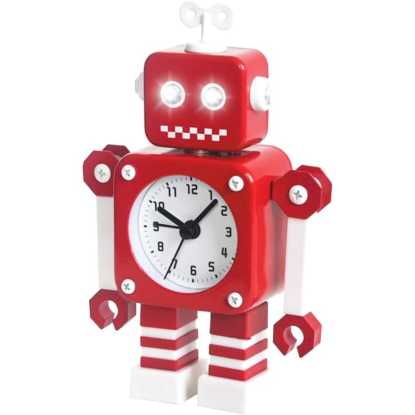 Robotväckarklocka, tyst väckarklocka i rostfritt metall med blinkande upplysta ögon och roterande arm, present till barn (röd vit)
