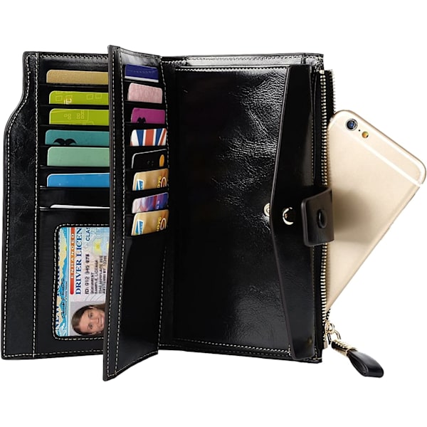 Damepung RFID Blokerende Ægte Læderpung Bifold Wallet Sort
