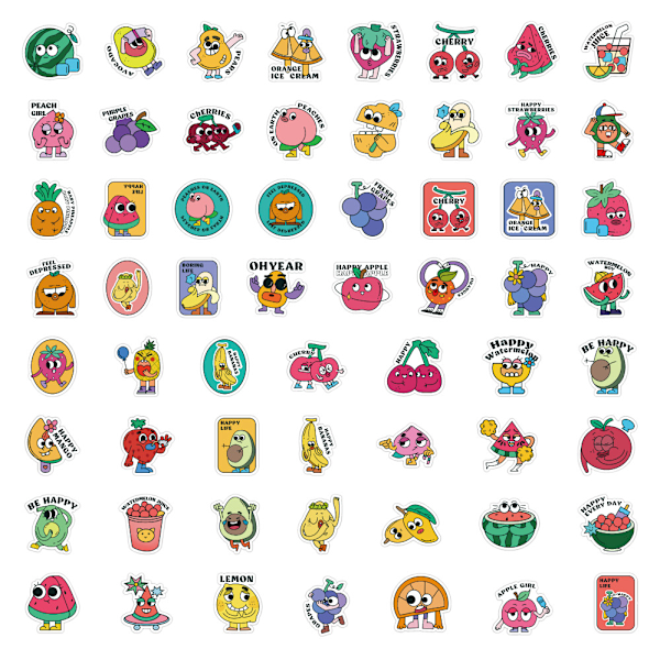 60 klistermärken Retro Hip Hop Cartoon Fruit, Laptop Stickers, Vin