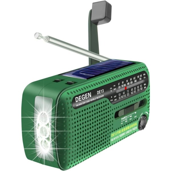 DE13 vinklad FM AM SW solcellsmottagare med starkt ljus ficklampa/SOS-larm/uppladdningsbar mobiltelefon för nöd- och utomhusaktiviteter (grön)