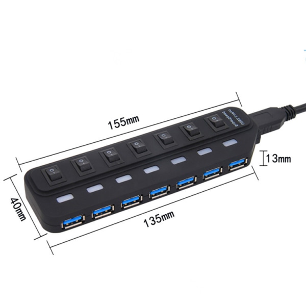 Strømdrevet USB 3.0 Hub 7 Port Data Hub med individuelle switche USB