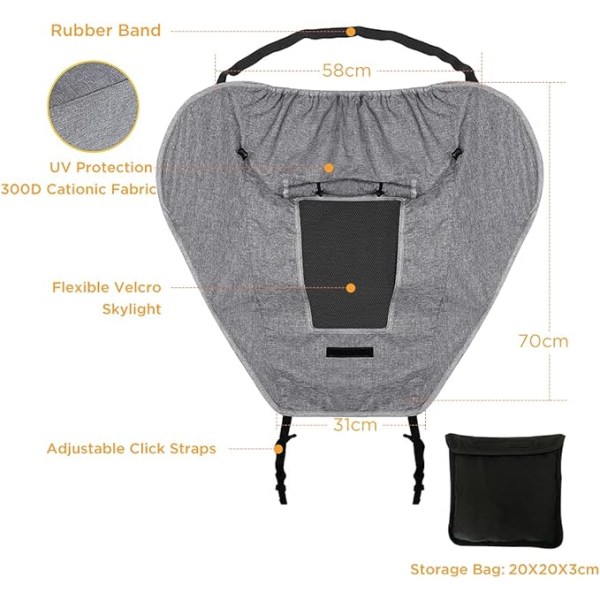 Universell grå solskjerm for barnevogn  Solskjerm for kalesje på barnevogn  UV 50+ Justerbar solbeskyttelse til vogn med oppbevaringspose