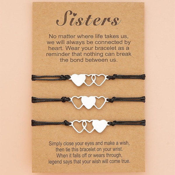 Mode 3st/ set Matchande hjärta syster Handgjorda flätade berlockkort i rostfritt stål armband armband för flickor