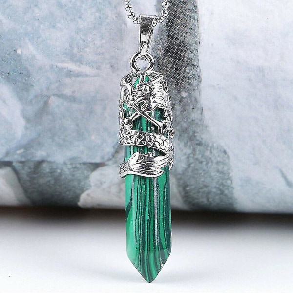 Natural Hexagonal Quartz Crystal Chakra Healing Point Pendant Dragon Decor Necklace Malachite