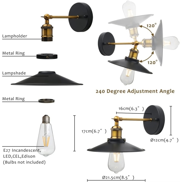 Sett med 2 svarte vegglampetter Antik industriell vegglampe E27 Annonse