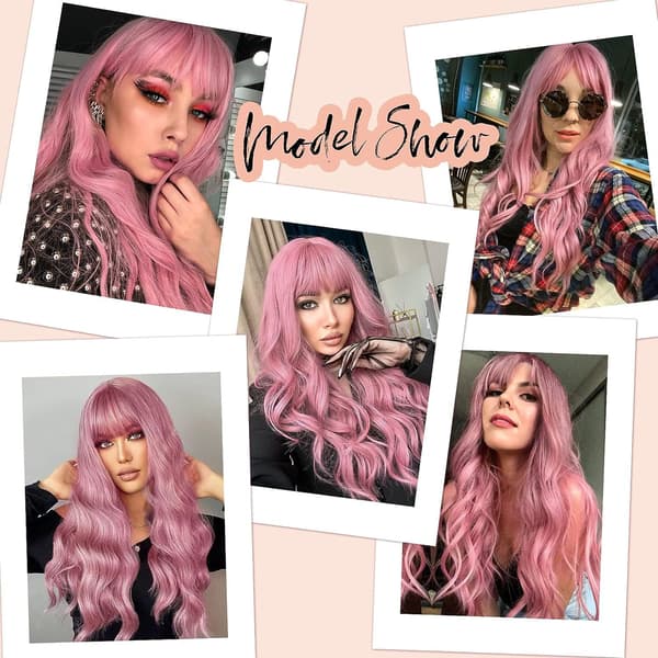 Sakura rosa lång lockig peruk med lugg, cosplay peruk