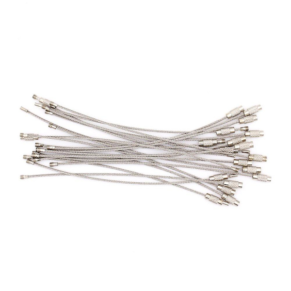 Rustfrit kabel nøglering wire nøglering kabel løkker med nøglering twist tønde farve sølv (pakke med 7)