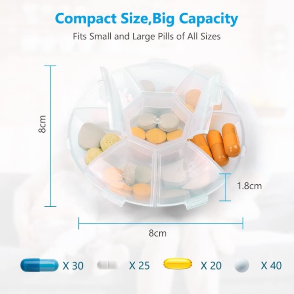 1 stk. Transparent bærbar pilleæske, ugentlig pilleæske, 7