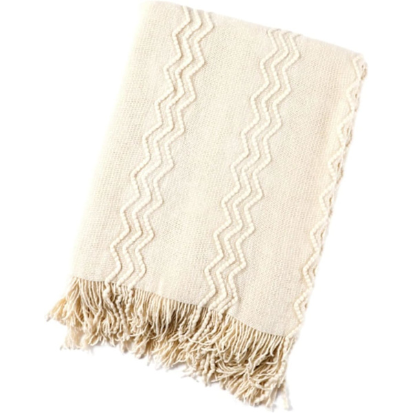 Sofa Tæppe Boheme Blødt Strikket Tæppe Med Pompom Beige -127*17