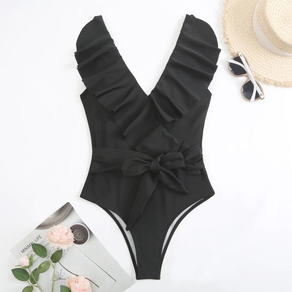 Kvinders V-hals Enkelt Stykke Bikini Ruffled Højtaljet Rygløs Tankini Elegant Badetøj Mave Kontrol Strand Badetøj S Sort